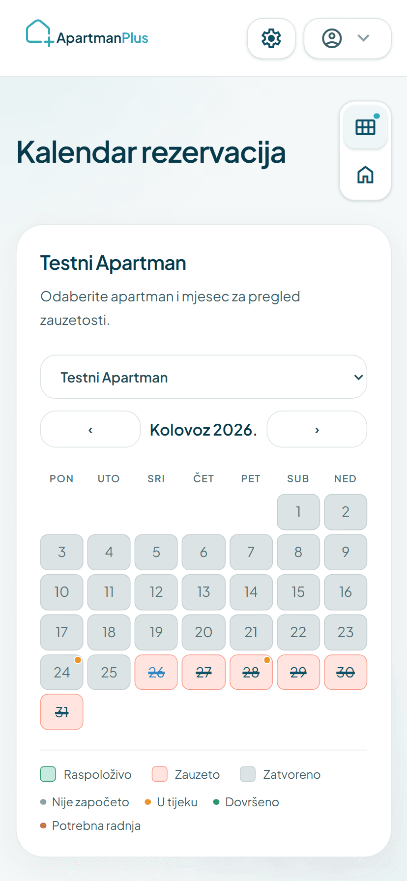 ApartmanPlus mobilni kalendar rezervacija